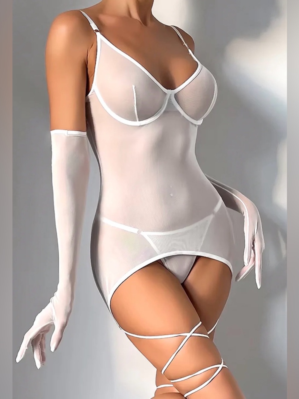 New! WHITE MESH SHEER GLOVED BODYSUIT GARTER LEG WRAP DRESS
**DRESS ONLY** - Picture 5 of 10